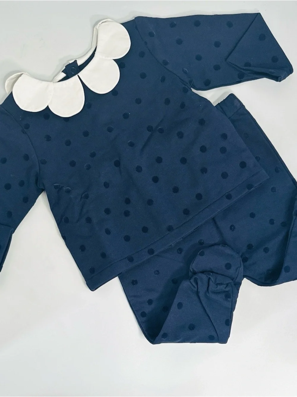 Jacadi Navy Blue Dot Pajama Set with White Scalloped Collar